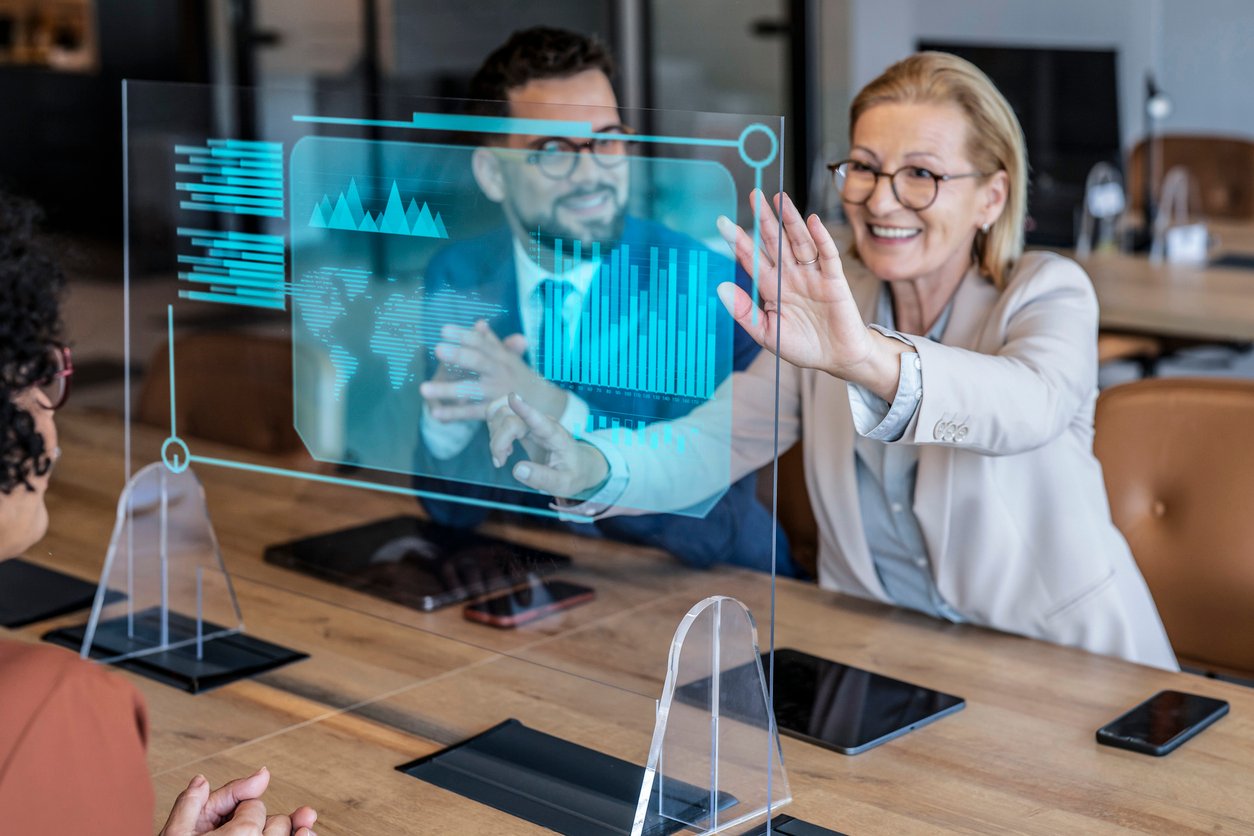 Business people touching a virtual infographic. AI concept